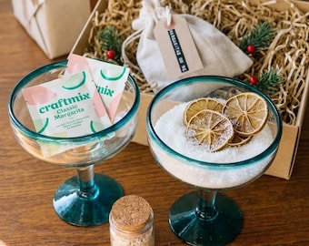Hand Blown Margarita Cocktail Set: Turquoise Rim, Pink Salt Rimmer