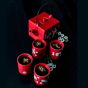 May include: A red ceramic tea set, including a square teapot and four cups, all decorated with white floral patterns. The cups are filled with tea and garnished with herbs. The set is arranged on a black surface. The teapot and cups are made of ceramic.
