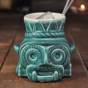 Aztec God Tlaloc Tiki Mug – Handcrafted Ceramic, Reactive Turquiose Glaze, Cocktail Cup image 5
