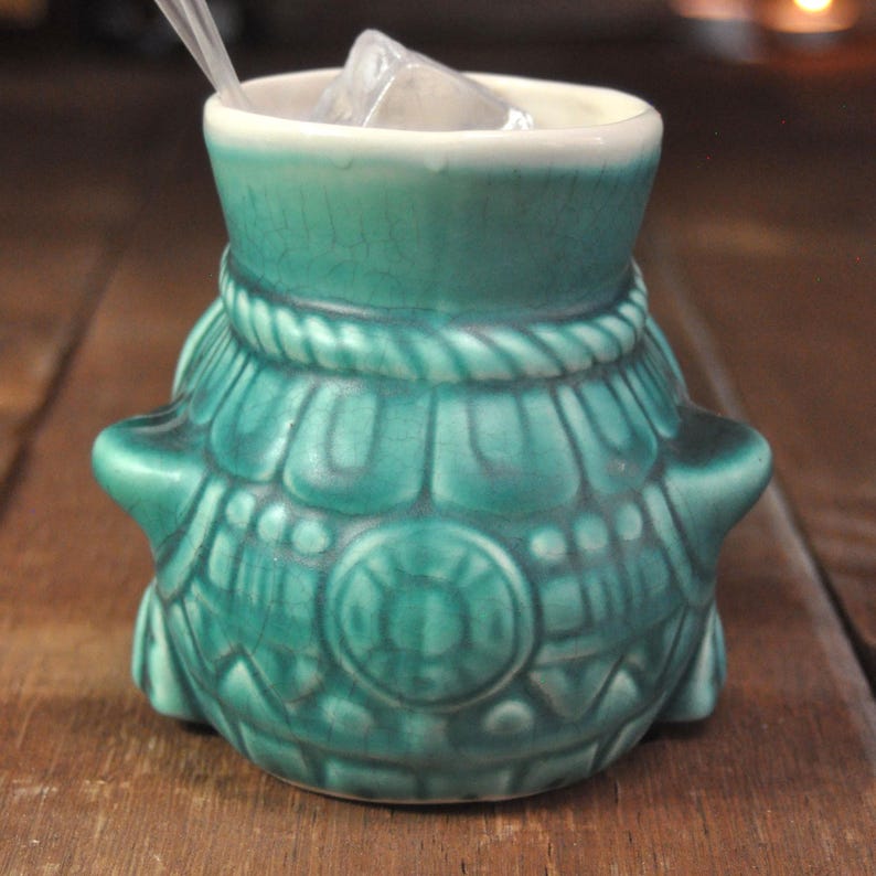 Aztec God Tlaloc Tiki Mug – Handcrafted Ceramic, Reactive Turquiose Glaze, Cocktail Cup image 3