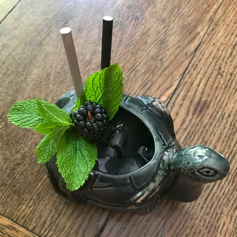 May include: A green ceramic turtle mug with a black blackberry and mint garnish. Two straws, one black and one white, stick out of the mug.