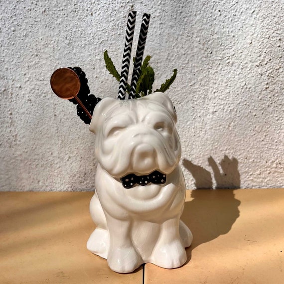 Handmade Bulldog Ceramic Tiki Mug: Spotty Collar Cocktail Barware