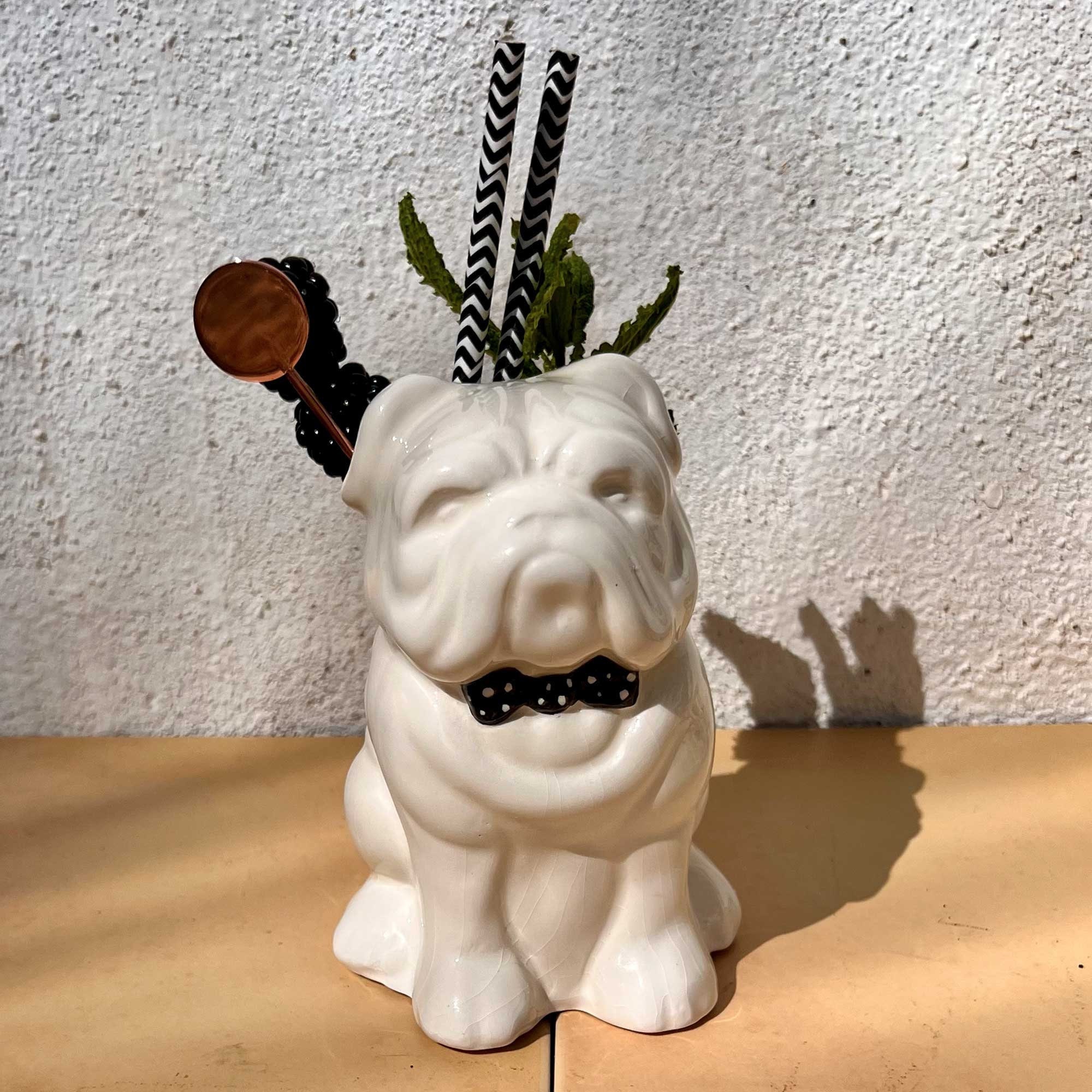 Handmade Bulldog Ceramic Tiki Mug: Spotty Collar Cocktail Barware