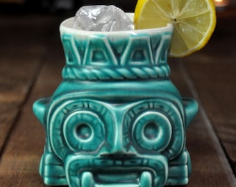 Aztec God Tlaloc Tiki Mug – Handcrafted Ceramic, Reactive Turquiose Glaze, Cocktail Cup