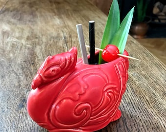 Red Rooster Tiki Mug – Handcrafted Ceramic Cocktail Cup – Tropical Barware