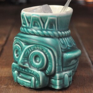 Aztec God Tlaloc Tiki Mug – Handcrafted Ceramic, Reactive Turquiose Glaze, Cocktail Cup image 2