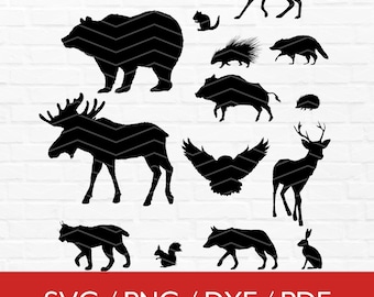 森の動物のシルエット SVG、森の動物 PNG バンドル、森の動物のクリップアート、荒野の SVG バンドル、カット ファイル Cricut およびシルエット