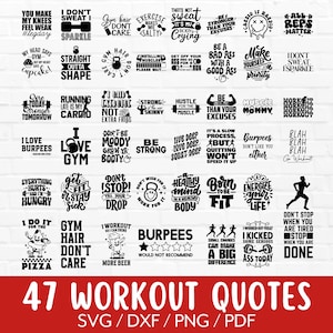 Workout Quotes SVG Bundle, 47 Motivational Funny Exercise Designs for Cricut & Silhouette, Fitness Cut File, Training Clipart, Gym Png, Dxf image 1