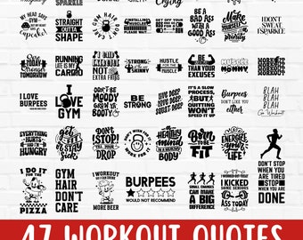Workout Quotes SVG Bundle, 47 Motivational Funny Exercise Designs for Cricut & Silhouette, Fitness Cut File, Training Clipart, Gym Png, Dxf