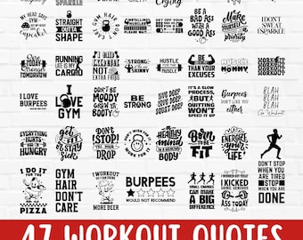 Workout Quotes SVG bundel, 47 motiverende grappige oefening ontwerpen voor Cricut & silhouet, fitness gesneden bestand, training clipart, sportschool PNG, DXF