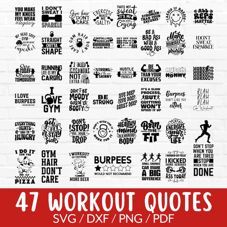 Workout Quotes SVG Bundle, 47 Motivational Funny Exercise Designs for Cricut & Silhouette, Fitness Cut File, Training Clipart, Gym Png, Dxf image 1