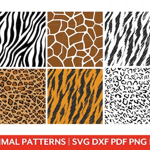 May include: Six different animal print patterns. The patterns include zebra, giraffe, leopard, tiger, and two variations of leopard print.