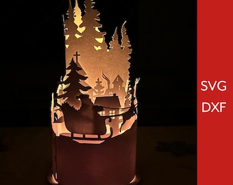 Christmas Paper Lantern SVG Template, 3D Papercut Lantern, DIY Christmas Decor, Santa Claus Reindeer Rides, Cricut Christmas Luminaries Svg