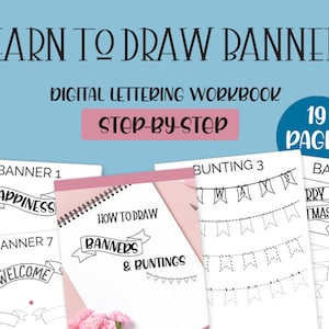 Banners en vlaggetjes tekenen Afdrukbare werkbladen voor belettering, Bullet Journal, Planner en kaarten | Stapsgewijze handleiding | Directe download