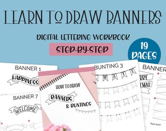 How to Draw Banners & Buntings Printable Worksheets for Lettering, Bullet Journal, Planner and Cards | Step-by-Step Guide | Instant Download