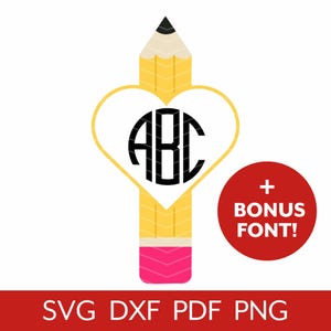 Bleistift Herz Monogramm SVG, Bleistift Name Label Rahmen geschnitten Datei, Geschenk für die Wertschätzung des Lehrers, digitaler Download zum Schulanfang, Cricut & Silhouette