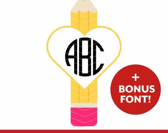 Pencil Heart Monogram SVG, Pencil Name Label Frame Cut File, Teacher Appreciation Gift, Back to School Digital Download, Cricut & Silhouette