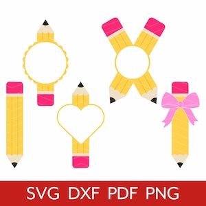 Pencil Monogram SVG Bundle, Pencil Name Label Frame Cut File, Teacher Design, Back to School Kids Digital Download Clipart Cricut Silhouette