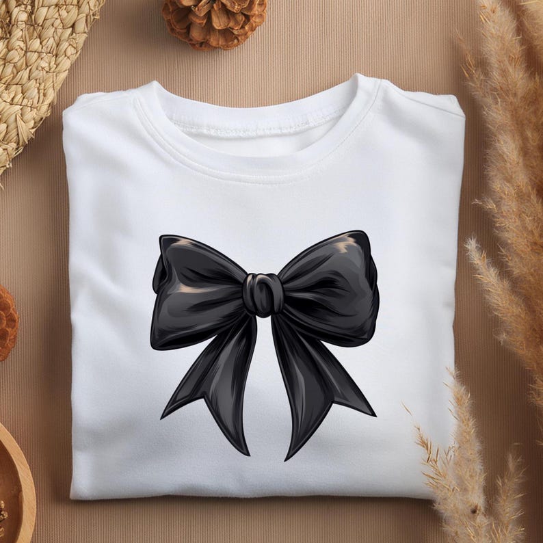 May include: White t-shirt with a black bow graphic.
