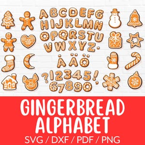 Fuente de pan de jengibre SVG, alfabeto navideño SVG, sublimación de fuente navideña PNG, 29 letras mayúsculas navideñas, archivos de corte para Cricut Silhouette
