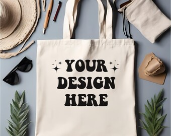 Tote Bag Mockup, Natural Tote Bag Mockup, Boho Styled Tote Mock, Tote Bag Flat Lay, Shopping Bag Sublimation Summer Cotton Canvas Tote Bag