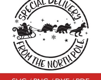North Pole Dinosaur Mail Svg, North Pole Svg, Express Mail Svg, Christmas Stamp Svg, Santa Sack Svg, Christmas Tag Svg, Santa Mail Png