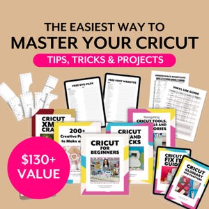 Pode incluir: Uma coleção de guias digitais e recursos para usuários do Cricut, incluindo dicas, truques e projetos. Os guias são coloridos e apresentam imagens de máquinas e projetos Cricut. O texto nos guias inclui frases como "Cricut para iniciantes", "Mais de 200 projetos criativos para fazer" e "Glossário Cricut para artesãos". O valor total dos guias é superior a 130 €.