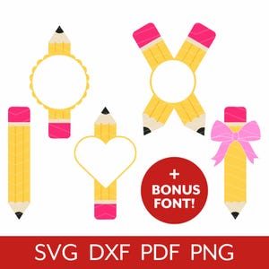 Pencil Monogram SVG Bundle, Pencil Name Label Frame Cut File, Teacher Design Clipart, Back to School Kids Digital Download Cricut Silhouette
