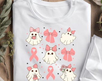 Brustkrebs Geist Kokette Bogen Png, Retro Brustkrebs Png, Brustkrebs Bewusstsein, Halloween Pink Ghost png, Halloween Shirt Sublimation