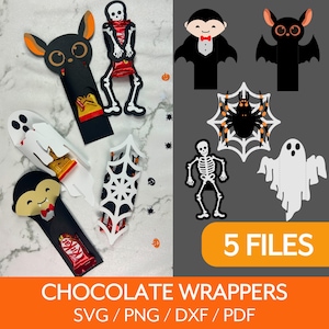 May include: A collection of Halloween-themed chocolate wrappers in various shapes, including a bat, skeleton, vampire, spider web, and ghost. The wrappers are black, white, and orange, with the text "CHOCOLATE WRAPPERS" and "5 FILES" visible.