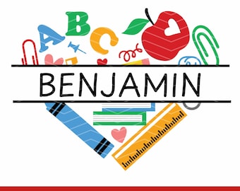 School Supplies Split Name SVG, Apple Heart Monogram Label Frame Cut File, Personalized Teacher Gift, Back to School Cricut & Silhouette