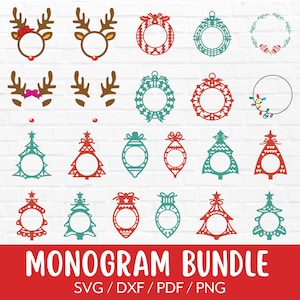 Può includere: Un set di 20 cornici per monogrammi a tema natalizio in rosso, verde e bianco. Le cornici presentano vari design, tra cui renne, ghirlande, ornamenti e alberi di Natale. Il testo "MONOGAM BUNDLE" e "SVG/DXF/PDF/PNG" è visualizzato nella parte inferiore dell'immagine.