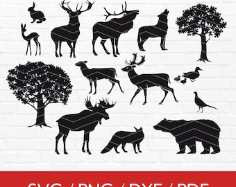 森の動物のシルエット SVG、森の動物 PNG バンドル、森の動物のクリップアート、荒野の SVG バンドル、カット ファイル Cricut およびシルエット