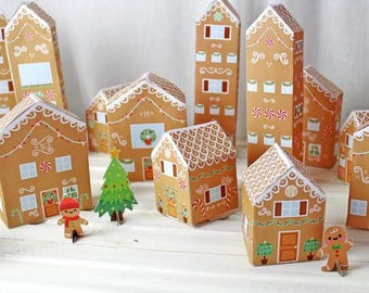Printable Gingerbread House Advent Calendar, DIY Holiday Countdown, Gingerbread House Advent Boxes, DIY Christmas Boxes, Christmas Village