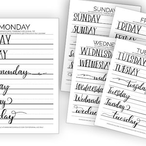 Hojas de práctica de letras a mano de Days / Hojas de trabajo de práctica de letras con pincel para principiantes / Caligrafía / Descarga instantánea