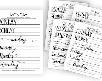 Days Hand Lettering Practice Sheets | Brush Lettering Practice Worksheets for Beginners | Calligraphy | Instant Download