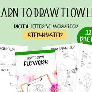 Bloemen tekenen Afdrukbare werkbladen voor belettering, Bullet Journal, Planner en kaarten | Stapsgewijze handleiding | Directe download