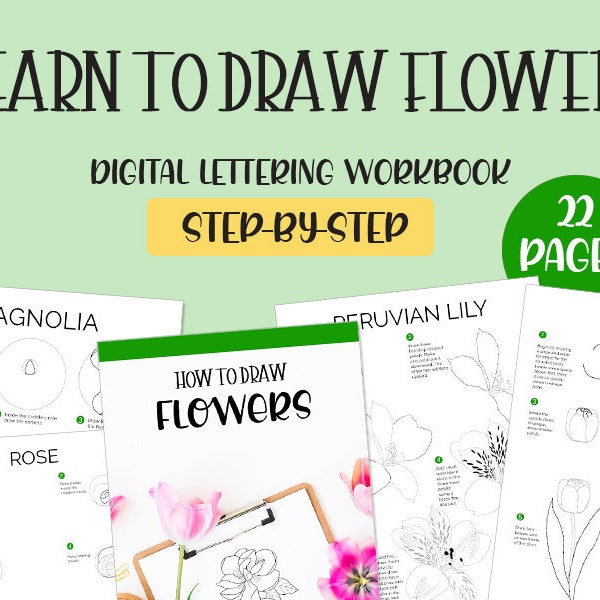 How to Draw Flowers Printable Worksheets for Lettering, Bullet Journal, Planner and Cards | Step-by-Step Guide | Instant Download