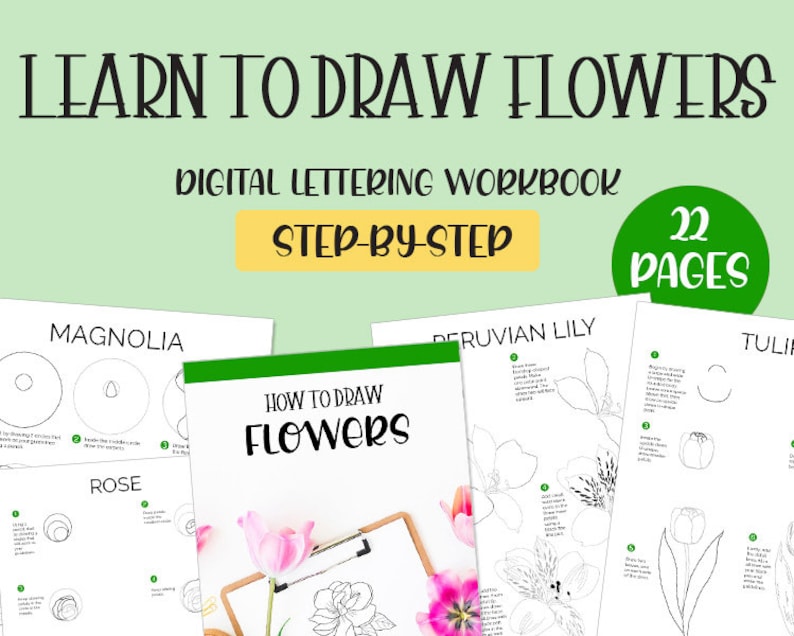 Pu&ograve; includere: Un quaderno digitale intitolato "Impara a disegnare i fiori" con una copertina verde e una guida passo dopo passo per disegnare i fiori. La copertina presenta un primo piano di un fiore rosa con uno schizzo a matita di un fiore su una clipboard.