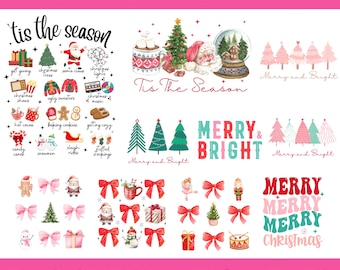 Paquete de coquetas PNG navideñas, diseños navideños alegres, gráficos de sublimación de moda, diseños de moños coquetos, gráficos festivos retro, Cricut