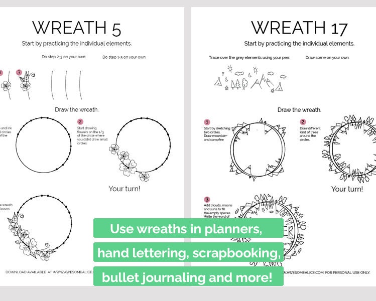 How to Draw Wreaths Printable Worksheets for Lettering, Bullet Journal ...