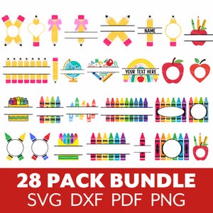 School Split Monogram Svg Bundle, Pencil Name Label Cut File, Crayon Back to School Clipart, Teacher Png Design, Cut File Cricut Silhouette