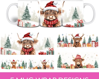 May include: Five different mug wrap designs featuring a Highland cow wearing a Santa hat and surrounded by presents in a snowy winter scene.
