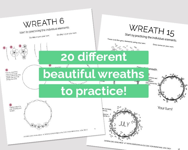 How to Draw Wreaths Printable Worksheets for Lettering, Bullet Journal ...