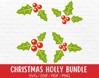 May include: A digital illustration of four holly sprigs with green leaves and red berries. The image is set against a white brick wall background. The text "CHRISTMAS HOLLY BUNDLE" is displayed on a red banner at the bottom.
