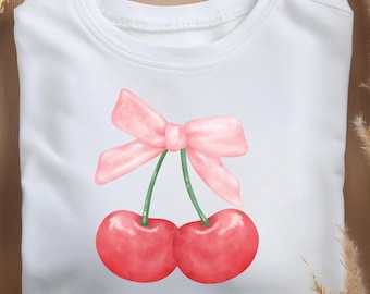 Cherry Bow Png, Cherry png, Pink Bow, Aesthetic, Ribbon, Girlie Png, Valentine png, Coquette Shirt Design, Trendy Design T-Shirt Sublimation
