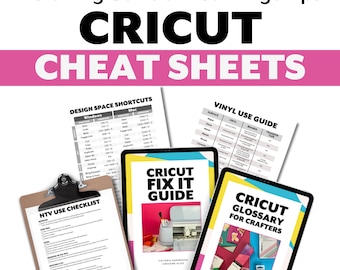 Könnte beinhalten: Ein Satz von vier druckbaren Cricut-Spickzetteln für Bastler. Die Spickzettel beinhalten Design Space-Verknüpfungen, einen Vinyl-Anleitungsleitfaden, eine HTV-Checkliste und einen Cricut-Reparaturleitfaden.
