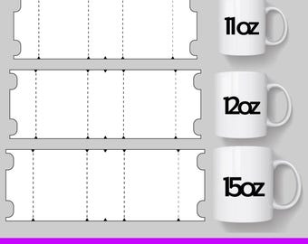 May include: Three printable templates for sublimation mugs, showing the outline of a mug with dotted lines for cutting. The sizes are 11oz, 12oz, and 15oz.