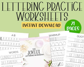 May include: A digital download of 71 pages of lettering practice worksheets. The cover features a pink and white floral design with the title "The Joyful Lettering Workbook".