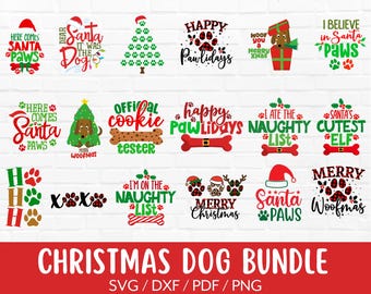 Peut inclure: Un ensemble de 16 fichiers de découpe SVG sur le thème de Noël et des chiens. Les motifs présentent des empreintes de pattes, des chapeaux de Père Noël et des phrases comme "Joyeuses Pawlidays" et "Je suis sur la liste des coquins".